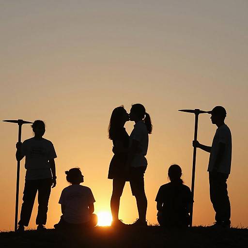 Sunset Silhouette of Group with Pickaxes