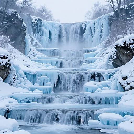 Photograph of a snowy, multi-tiered waterfall with icy icicles and frost-covered rocks, set in a winter forest landscape.