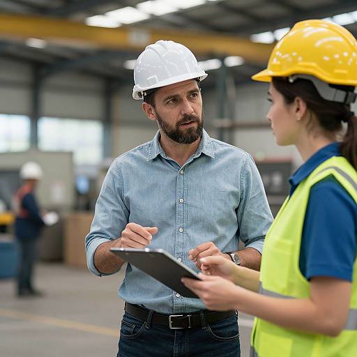 Photograph of a bearded man in a white hard hat and blue shirt, discussing a tablet with a woman in a yellow hard hat and high-
