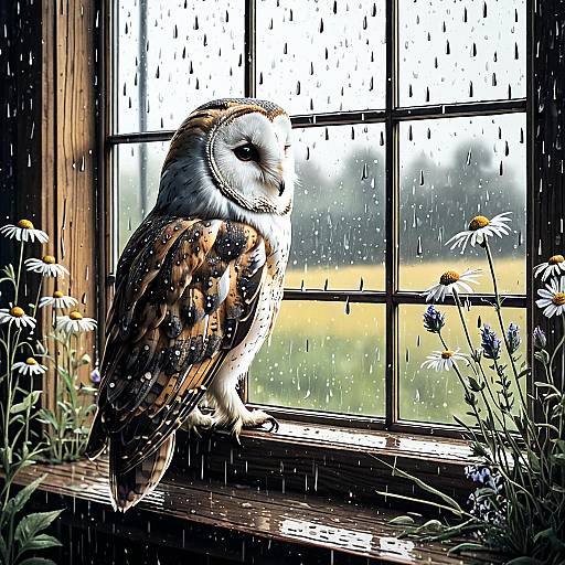 Barn Owl by Rainy Window with Wildflowers