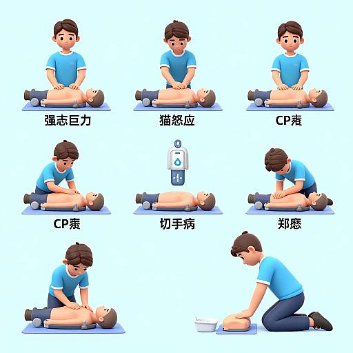 Digital illustration of a male massage therapist in blue shirt and black pants, performing various massage techniques on a male client, labeled A to C in Chinese characters