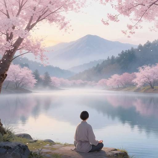 Digital anime-style painting of a person in a white robe, sitting by a serene lake with pink cherry blossoms and misty mountains in the background.