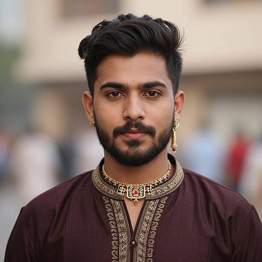 Photograph of a young South Asian man with dark hair, beard, and mustache, wearing a maroon traditional kurta, gold jewelry, and