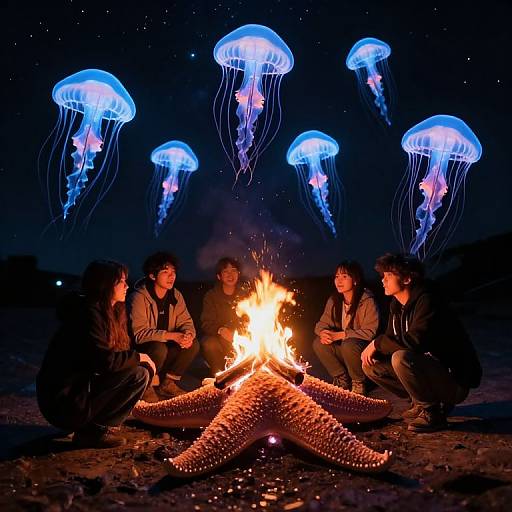 Photograph: Five Asian individuals, dark clothing, squatting around a campfire, surrounded by glowing blue jellyfish, night sky, sandy beach.