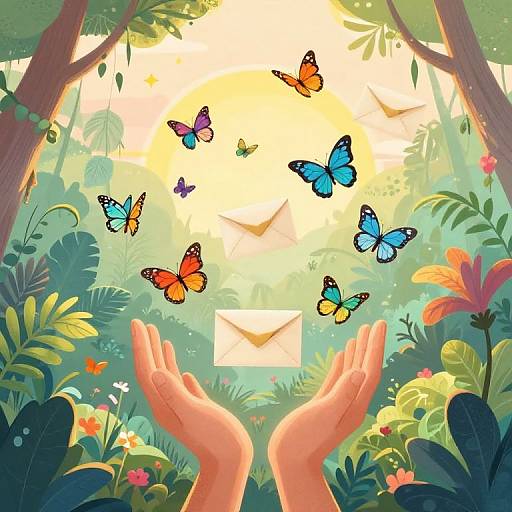 Digital illustration of two hands in a lush jungle, palms up, with colorful butterflies circling above and an envelope centered between them. Bright sunlight filters through