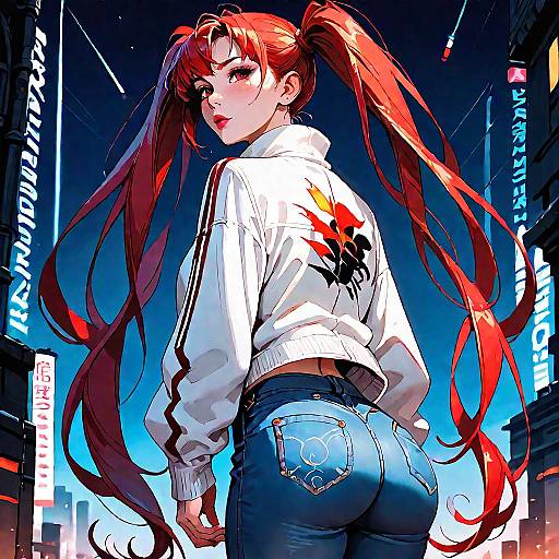 Anime-style digital artwork of a red-haired girl with long pigtails, wearing a white jacket and blue jeans, standing in a neon-lit urban