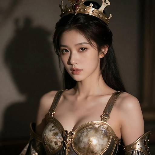 Young Woman Wearing Queen Armor and Crown