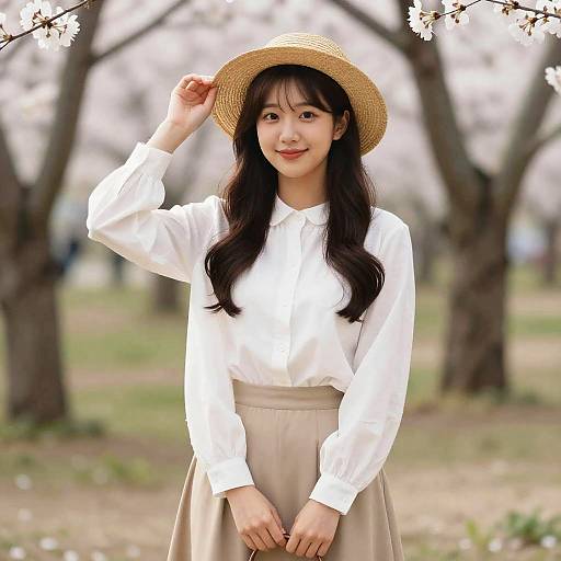 Photograph of an Asian woman with long black hair, wearing a white blouse, beige skirt, and straw hat, standing in a park with blooming