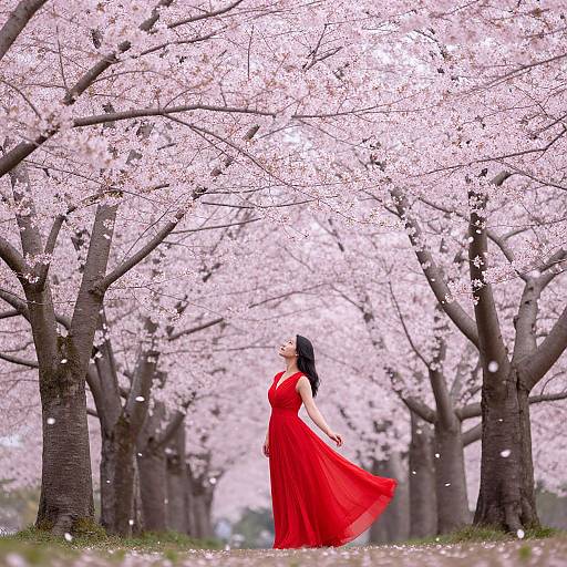 Photograph of a woman in a flowing red dress, standing under blooming cherry blossom trees, with petals gently falling.