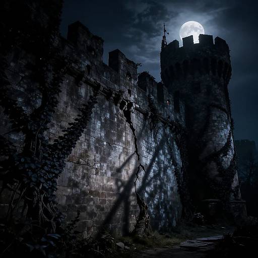 Photograph of a dark, gothic castle with cracked stone walls, illuminated by a bright full moon, casting eerie shadows.