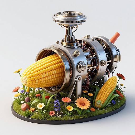 Whimsical sculpture of a steam engine with corn cob 