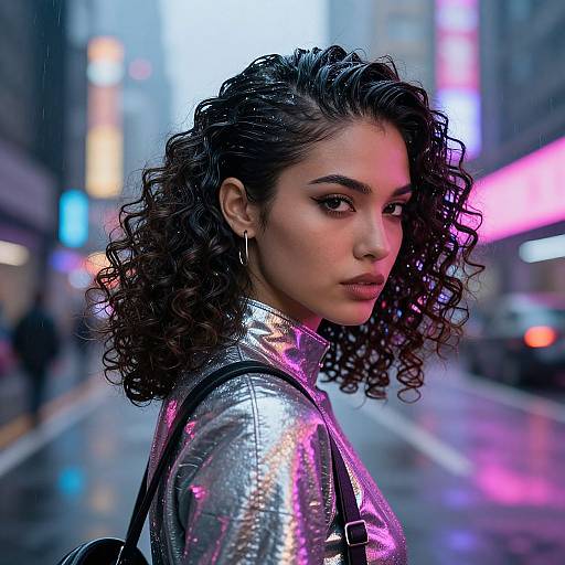 Photorealistic digital art of a young woman with curly dark hair in a shiny silver jacket, standing on a neon-lit, rainy city street,