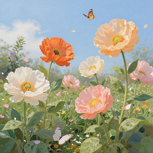 Vibrant photograph of orange and pink cosmos flowers with a butterfly fluttering above, under a bright blue sky, surrounded by green foliage and small yellow