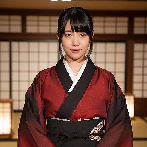 Photograph of a Japanese woman with straight black hair in a red and black kimono, standing in a traditional Japanese room with shoji screens and lantern
