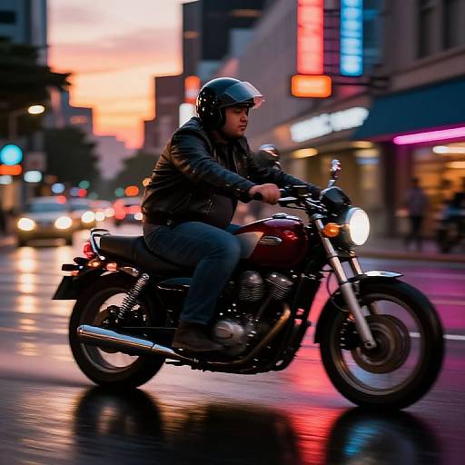 Photograph of a man in a black leather jacket and helmet riding a red motorcycle through a colorful, neon-lit urban street at sunset.