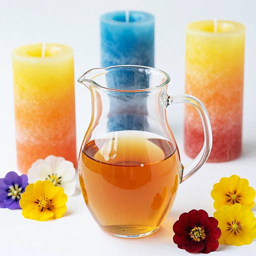 Glass Pitcher with Amber Liquid and Colorful Candles