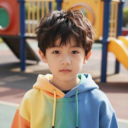 Young Boy with Textured Quiff Hairstyle in Colorful Hoodie