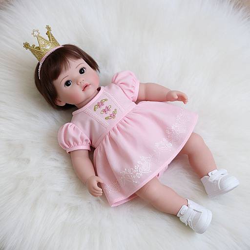 Photograph of a baby doll with brown hair, wearing a pink dress with white embroidery, white socks, and a gold crown, lying on a white