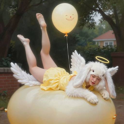Photograph of a person in a white angel costume with bunny ears, halo, yellow dress, lying on a balloon, holding a smiling balloon, in