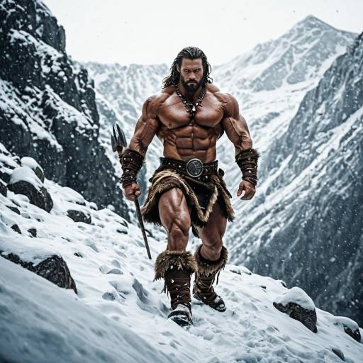 Muscular Viking Warrior in Snowy Mountains