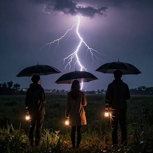 Photograph of three silhouetted people holding umbrellas and lanterns, standing in a field during a vivid lightning storm at night.