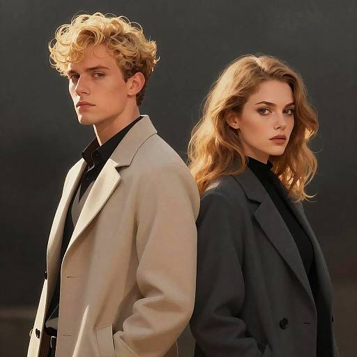 Curly Blonde Man and Woman in Coats Back-to-Back