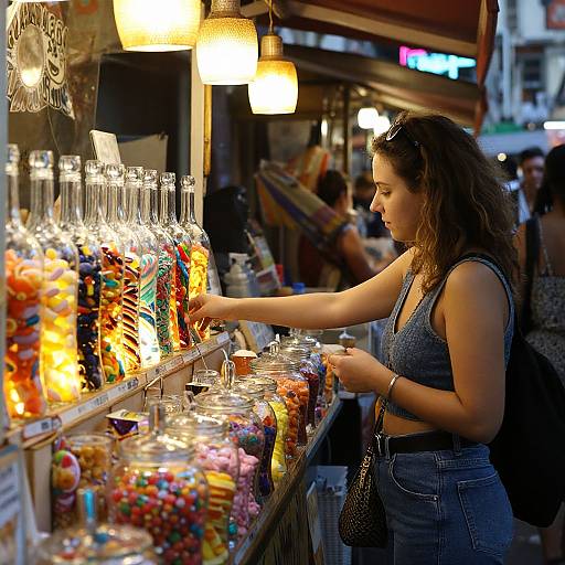 Photograph of a young woman with wavy brown hair, wearing a blue denim crop top and jeans, selecting colorful candies from a brightly lit, outdoor