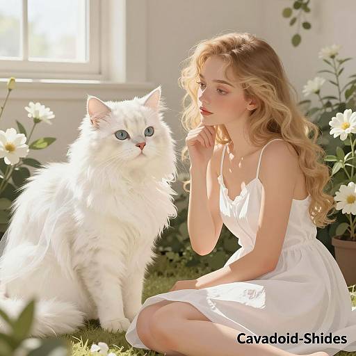 Serene Woman with Cat in Sunlit Garden