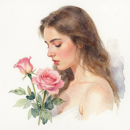 Watercolor portrait of a fair-skinned woman with long brown hair, closed eyes, and pink roses, gazing downward softly against a white background.