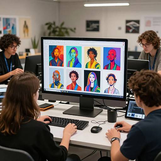 Photograph of four diverse artists with curly hair, sitting around a white table, collaborating on a colorful digital portrait display on a large monitor.