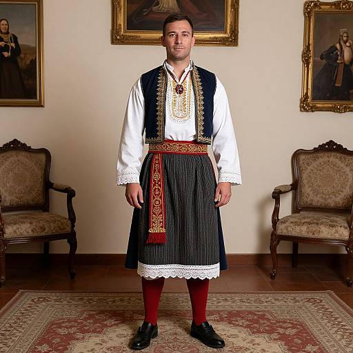 Photograph of a man in traditional Eastern European attire, standing in a formal room with vintage furniture and framed portraits.