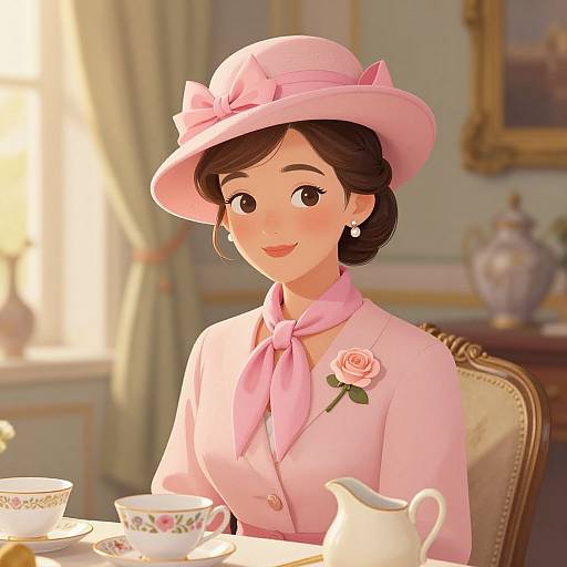 Digital illustration of a smiling, fair-skinned woman in pink hat and coat, with rose pin, seated at elegant tea table.