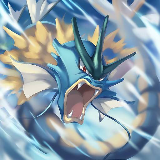 Illustration of Gyarados, pokemon in the style of Harimoji