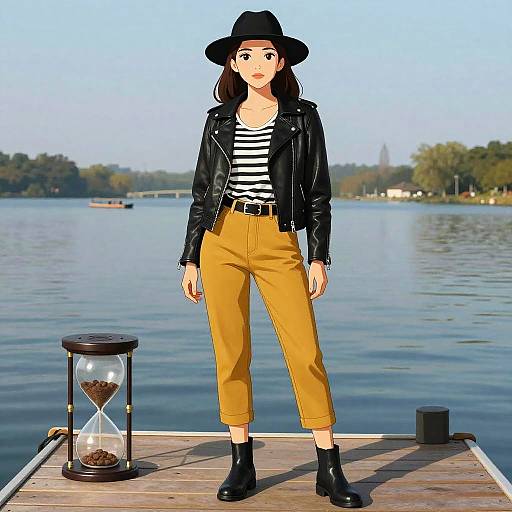 Digital illustration of a young woman with brown hair, black hat, striped shirt, black leather jacket, yellow pants, and black boots, standing on a
