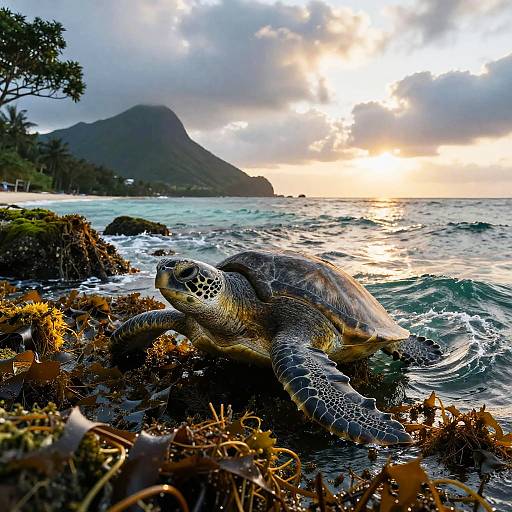 Giant Sea Turtle Surfacing at Sunset