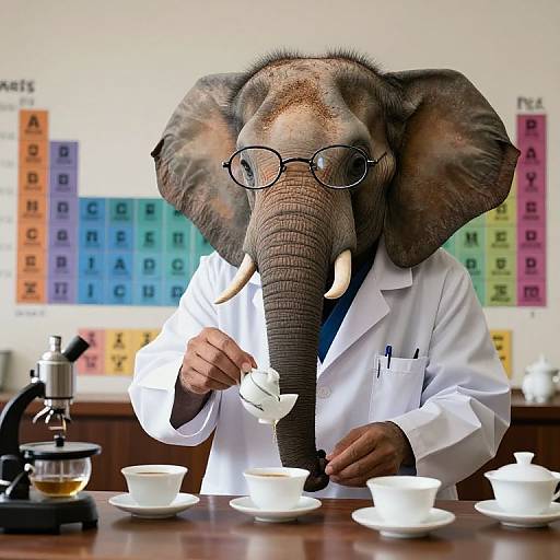 Photograph of an anthropomorphic elephant wearing glasses and a white lab coat, sipping from a teacup in a science lab. Background features colorful