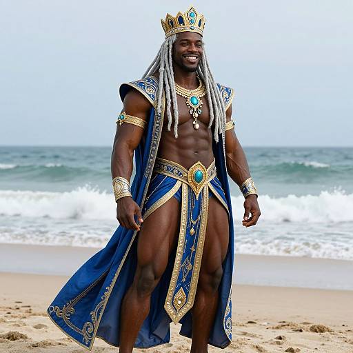 Photograph of a muscular Black man with long white dreadlocks wearing a gold crown, blue and gold regal robe, and turquoise necklace, standing on