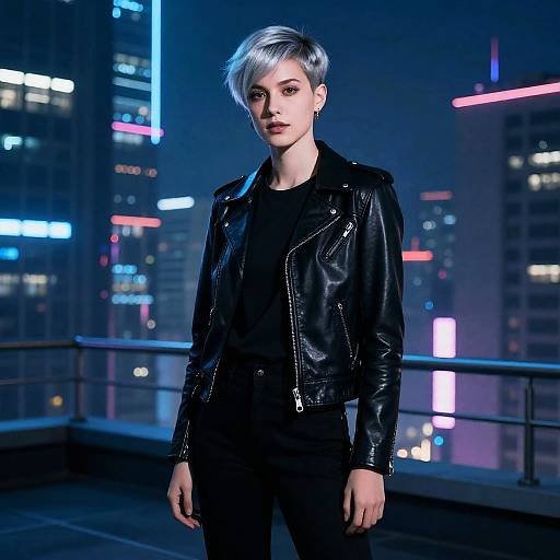 Non-binary Person in Leather Jacket on City Rooftop