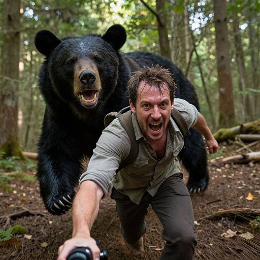 Photograph of a frightened man in a forest, running from a black bear, both mid-stride with the bear close behind, reaching out with a