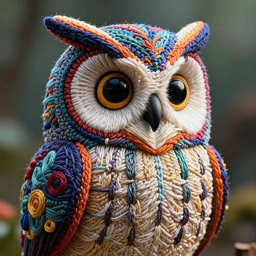 Photograph of a vividly colorful, hand-crocheted owl with large black eyes, intricate yarn patterns, and a textured, multicolored