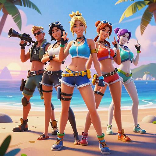 Digital art of five female adventurers on a sunny beach, wearing colorful, edgy outfits, holding weapons, smiling, with palm trees and ocean in the