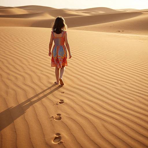 Photograph of a young girl with curly brown hair, wearing a blue and orange dress, walking barefoot through a sunlit, rippled desert,