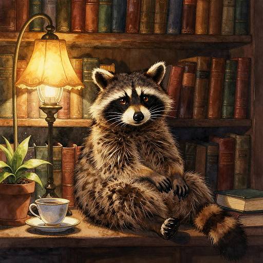 Cozy Raccoon Librarian in Warm Library
