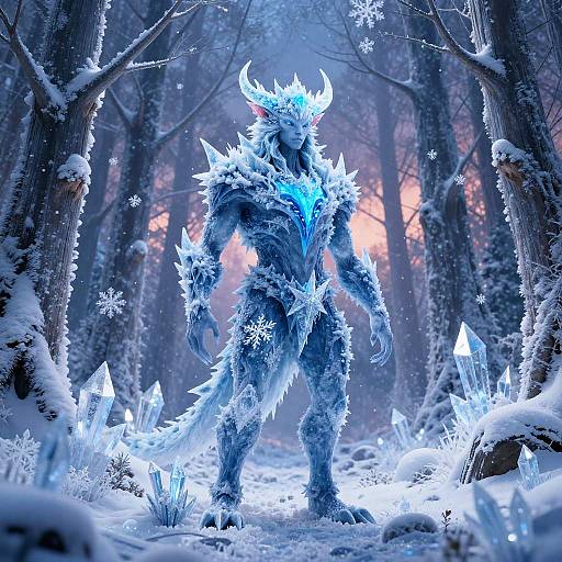 Digital CGI fantasy creature with blue, spiky, ice-covered fur, horned head, and glowing ice crystals in a snowy forest.