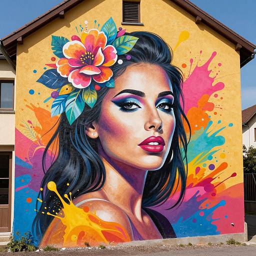Vibrant mural of a dark-haired woman with a colorful flower in her hair, bold makeup, and splattered background on a yellow house. Phot
