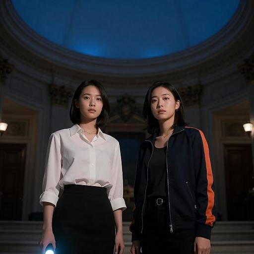 Women in Dimly Lit Grand Hall