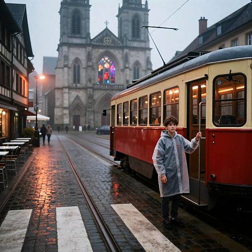 Preteen Boy by Tram in Old Town