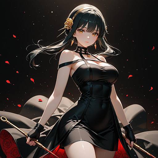 Anime Girl in Black Dress with Gold Accessories