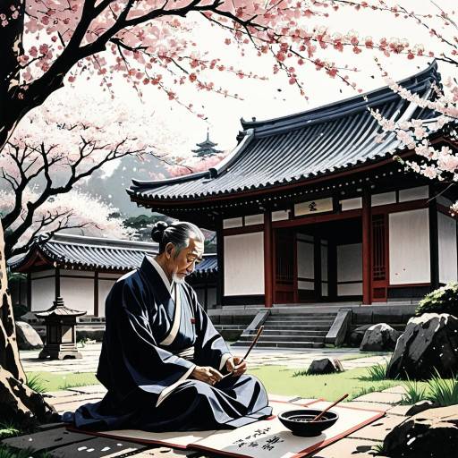Elderly Calligrapher in Traditional Japanese Garden