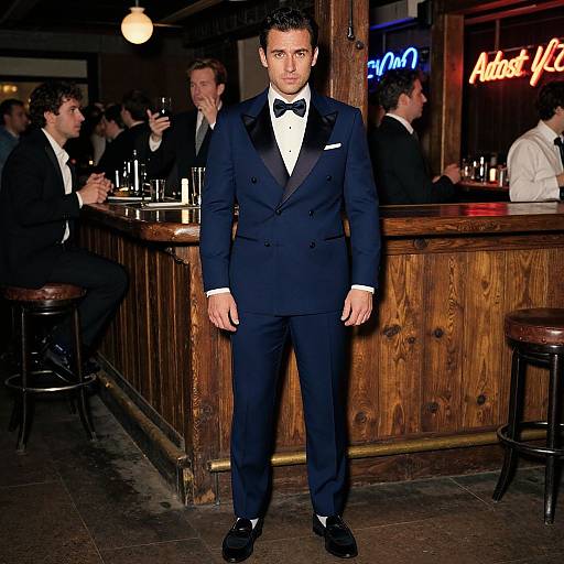 Photograph of a handsome man in a navy tuxedo with black bow tie, standing in a dimly lit bar, surrounded by other men in